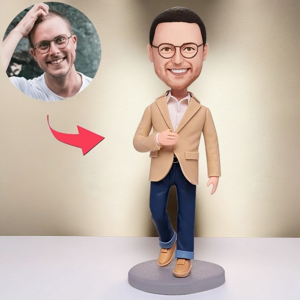 Wear Yellowish Brown Clothes Modern Man Custom Bobblehead With Engraved Text