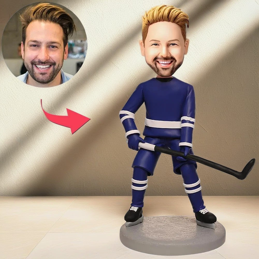 Hockey Player/NHL Player Gift Custom Bobblehead Player Wearing Blue Jersey Gift For Him