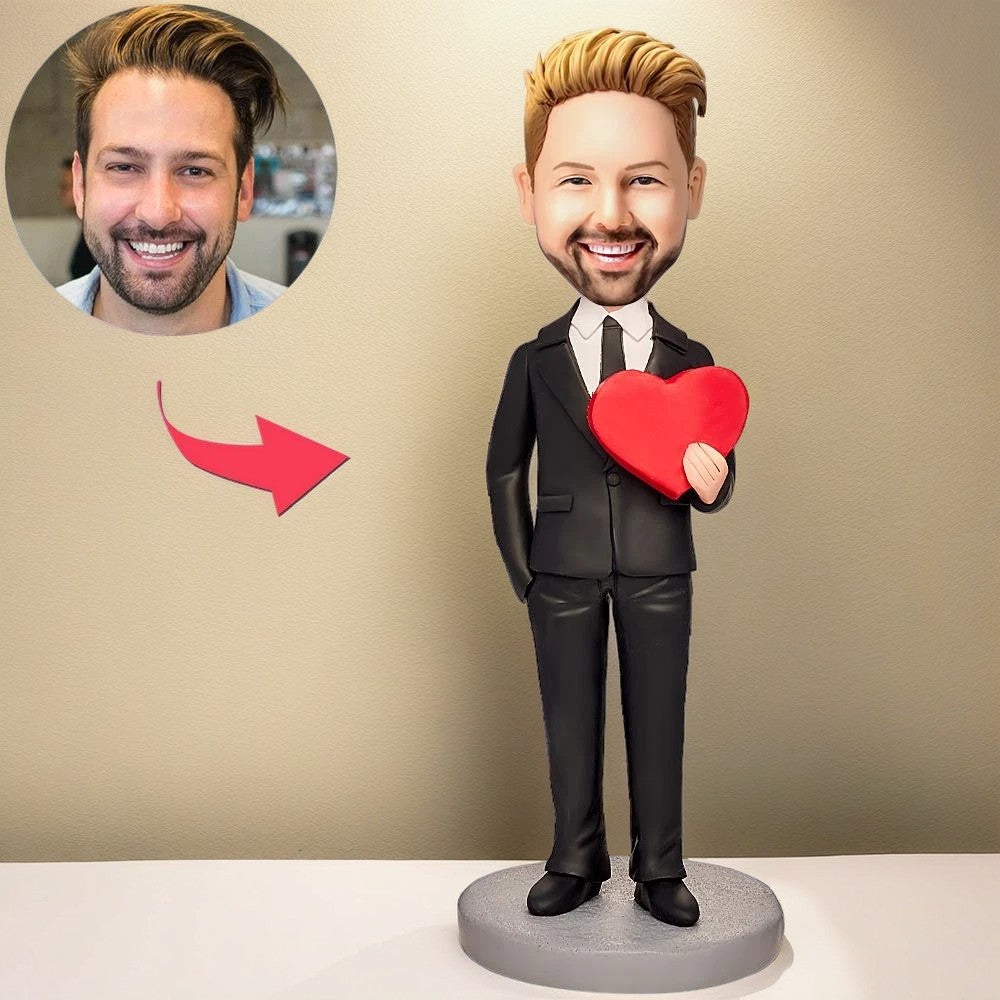 Man Holding A Love Heart Custom Bobblehead With Engraved Text