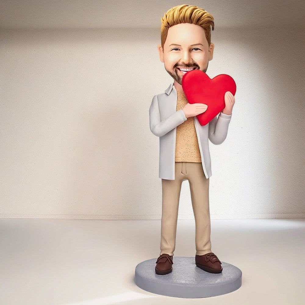 Casual Wear Man Holding A Love Heart Custom Bobblehead With Engraved Text