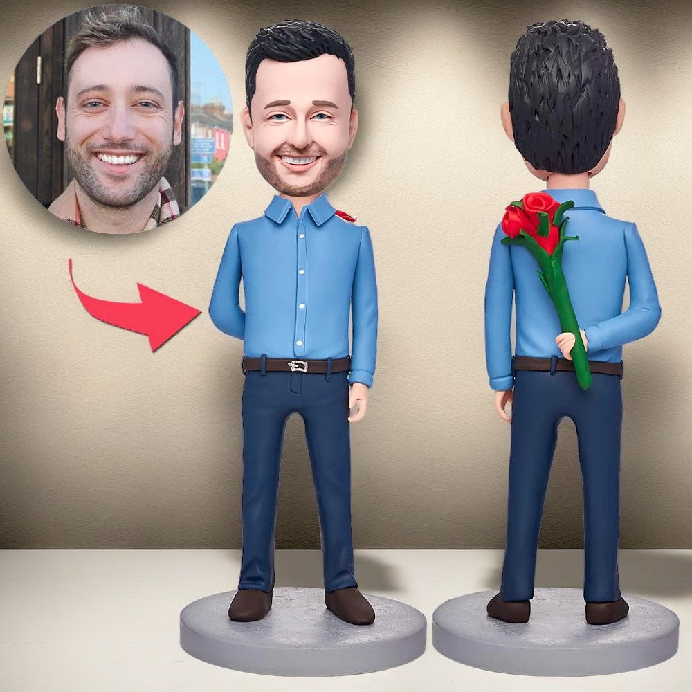 Man With A Rose Behind Him Custom Bobblehead With Engraved Text