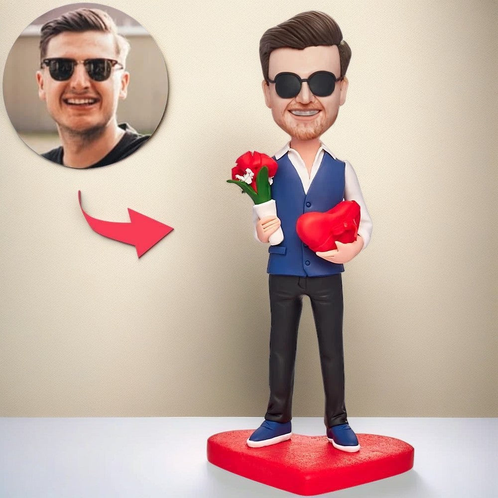 Man Holding a Bouquet of Roses and a Heart Custom Bobblehead With Engraved Text