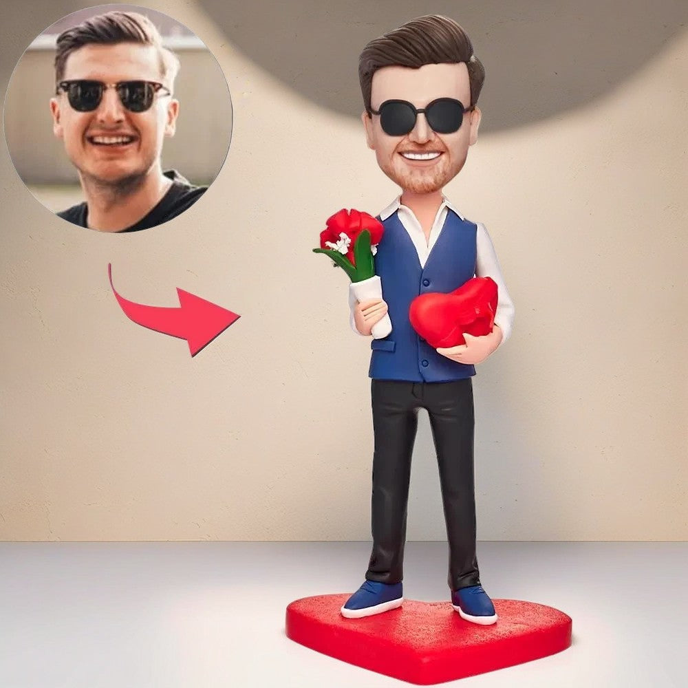 Man Holding a Bouquet of Roses and a Heart Custom Bobblehead With Engraved Text