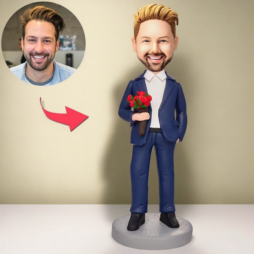 Cool Man Holding a Bouquet of Roses Custom Bobblehead With Engraved Text