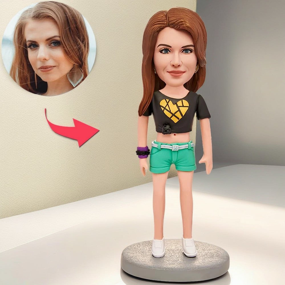 Fashion Woman Wearing Heart T-shirt Custom Bobblehead With Engraved Text