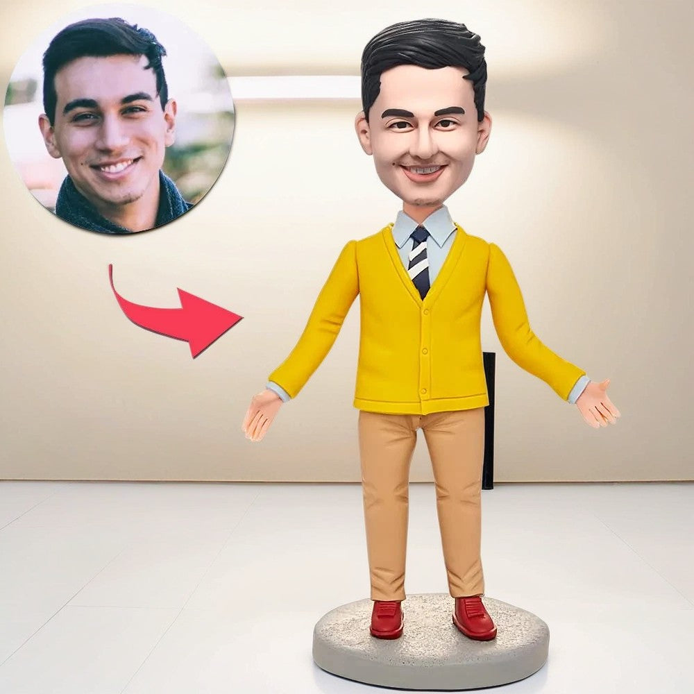 Yellow Suit Modern Man Custom Bobblehead With Engraved Text