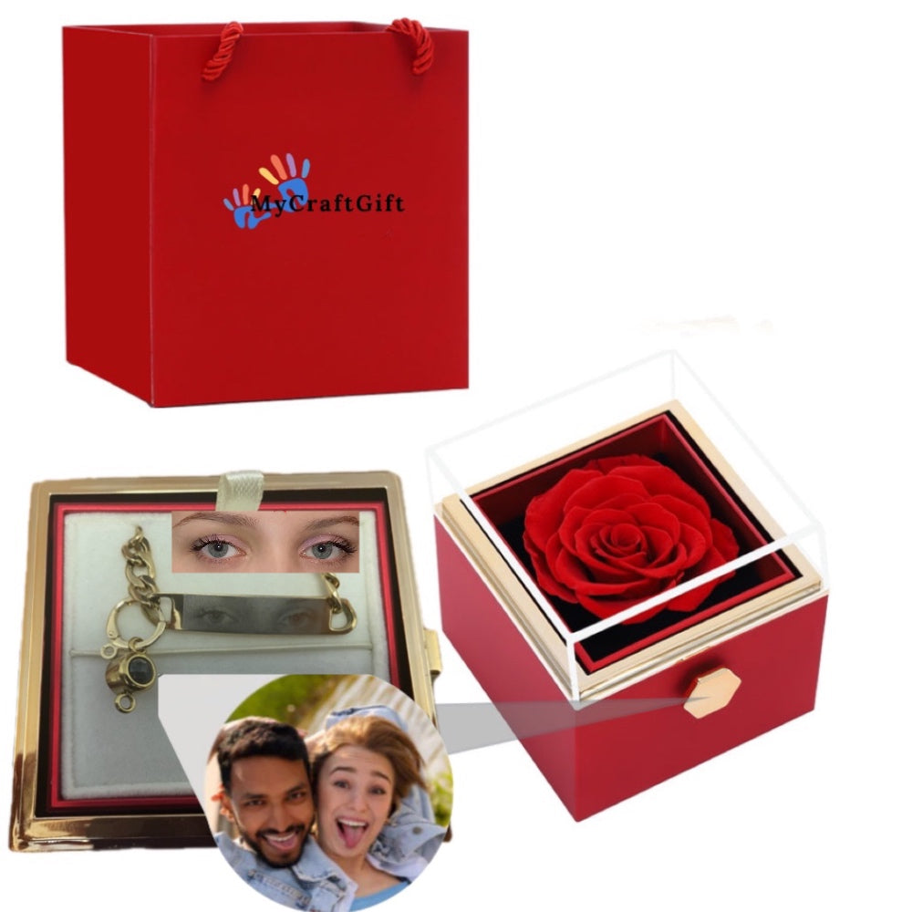 THE MOST BEAUTIFUL ROSE BOX-CUSTOM EYES ENGRAVABLE PROJECTION PHOTO BRACELET